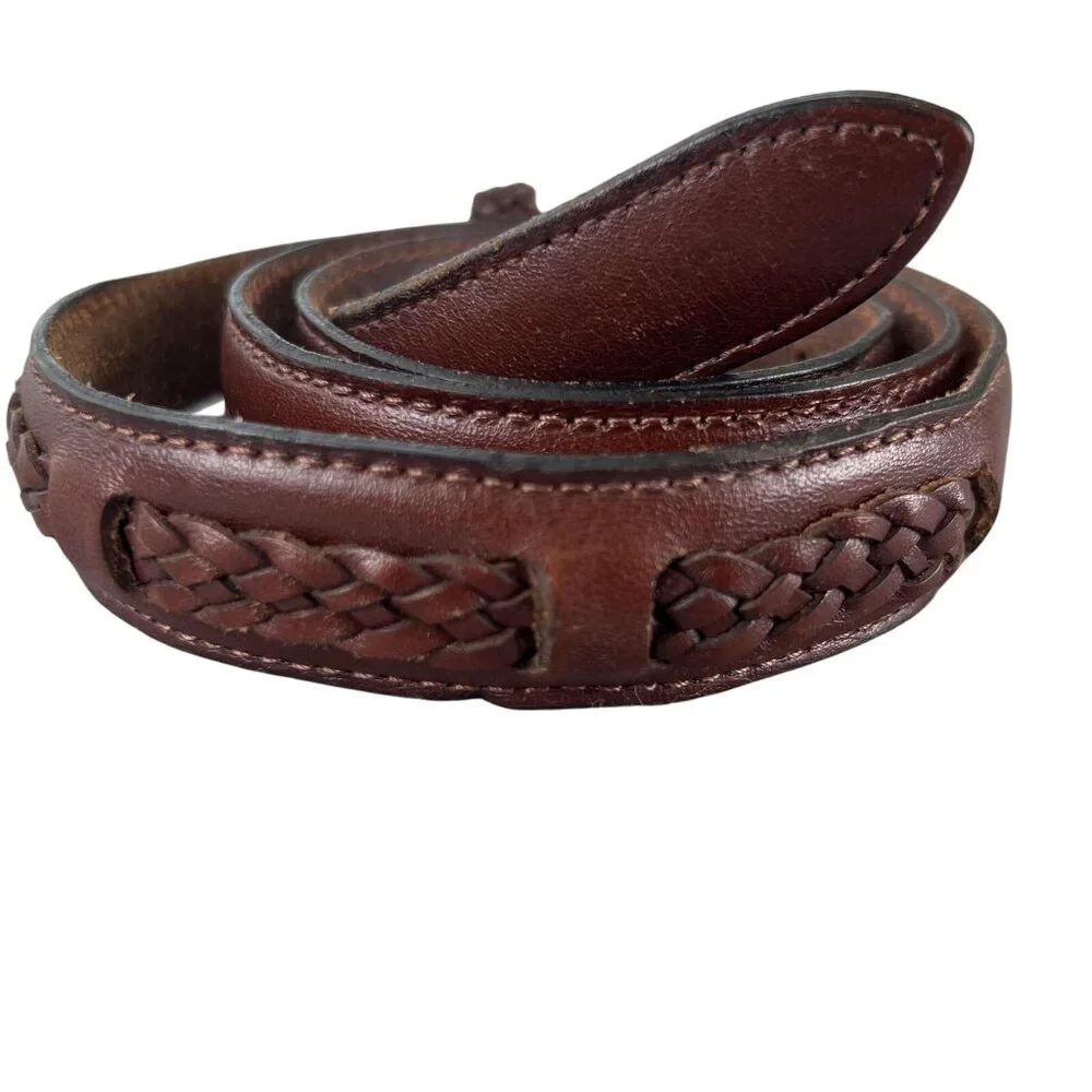Vintage Mens 42 Belt Brown Leather Brass Buckle Braided Classic Sporty 90s